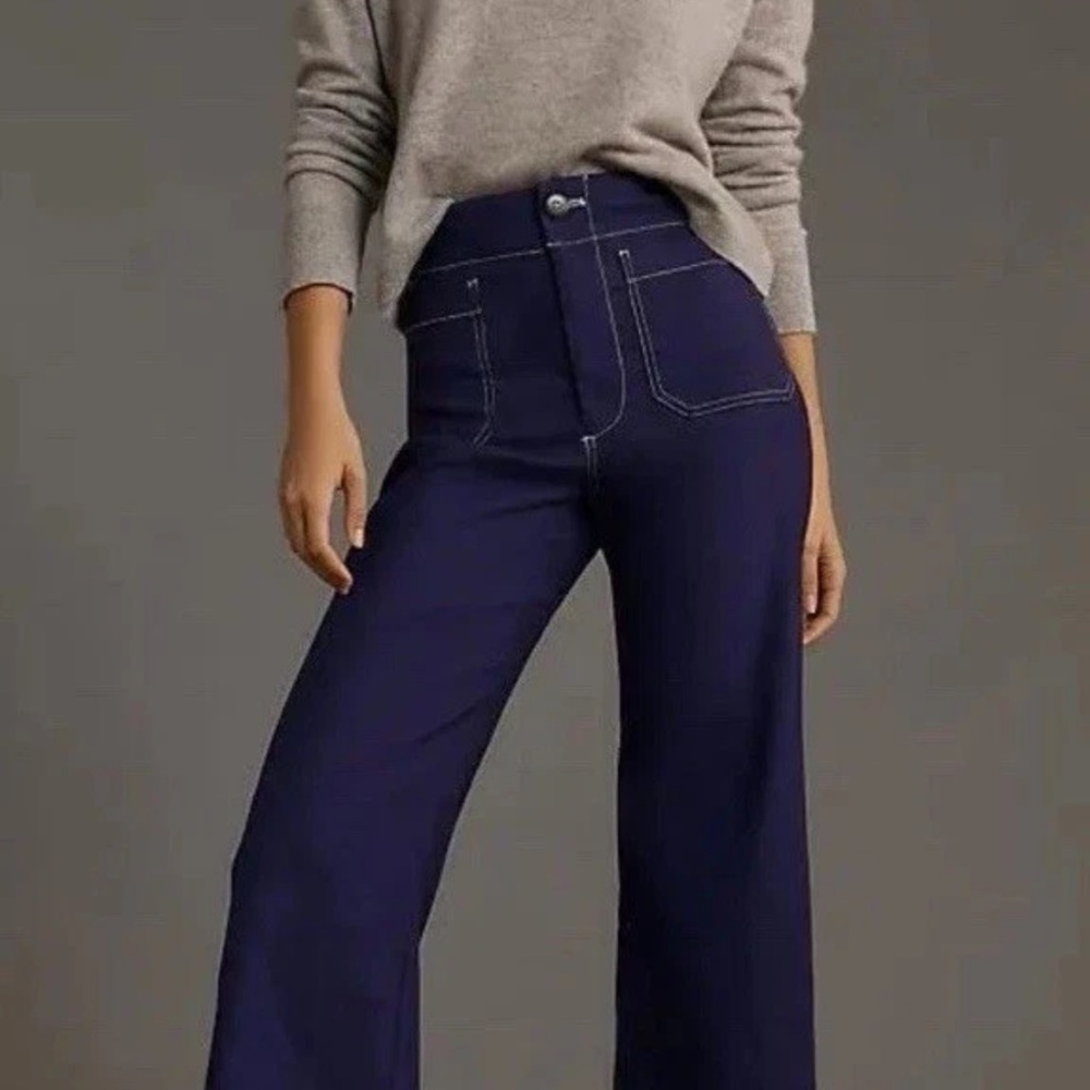 Maeve Anthropologie Colette Wide/Leg Pants Navy with White Stitching Size 31